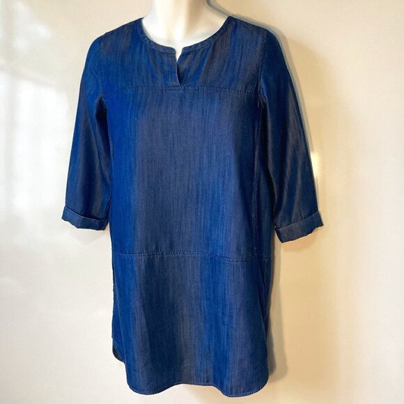 LOFT SZ S Petite pull over 3/4 sleeve denim look shift dress with pockets - Picture 1 of 4